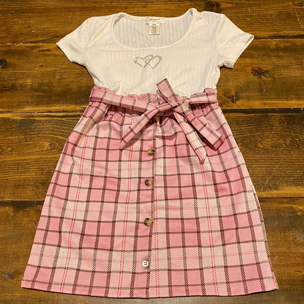 💖 Girls Pink Plaid Dress with Belt | Ribbed Top | Size S 7/8